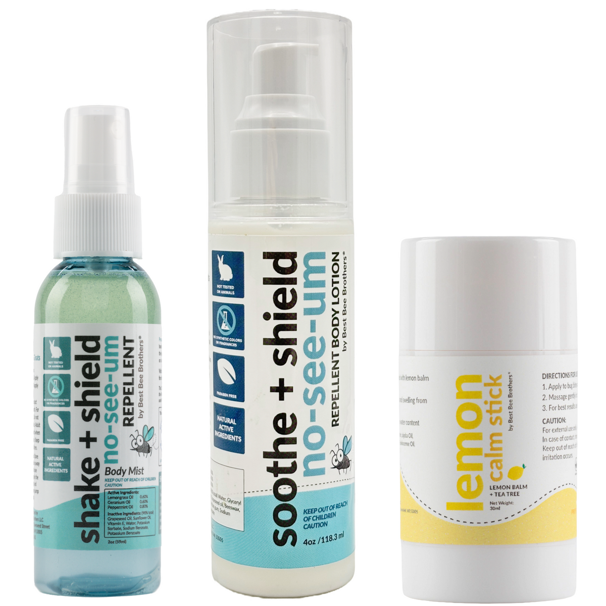 Best Bee Brothers, No-See-Um Repellent 2oz Body Mist, 4oz Body Lotion, Lemon Tea Tree Calm Balm Stick - Free Travel Bag