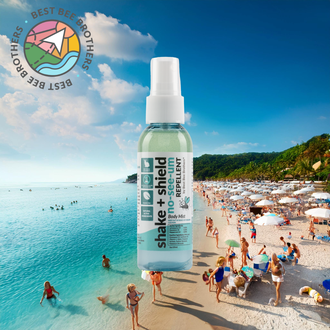 Image of a repellent product over a beach scene